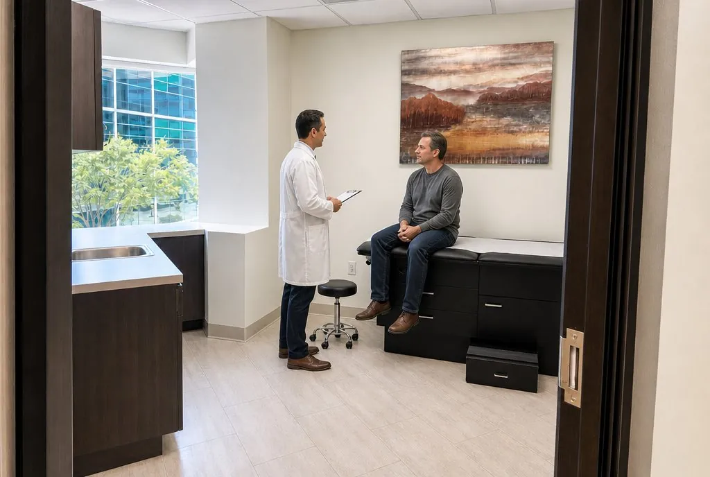 Patient and clinician talking in an exam room