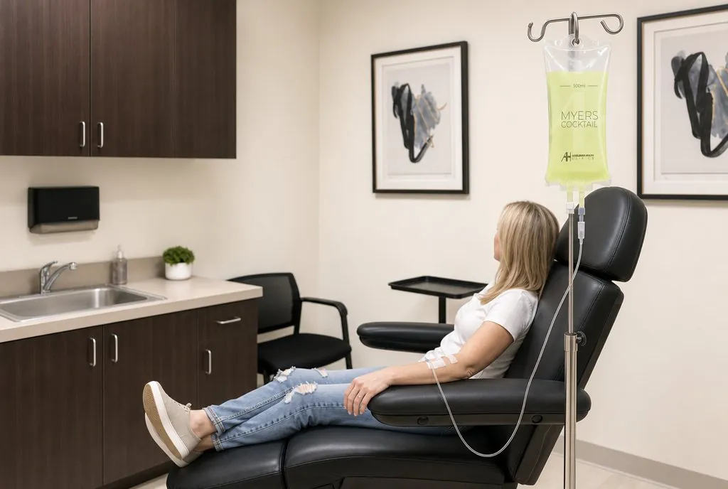 Patient receiving an AH Clinics IV infusion in the treatment chair