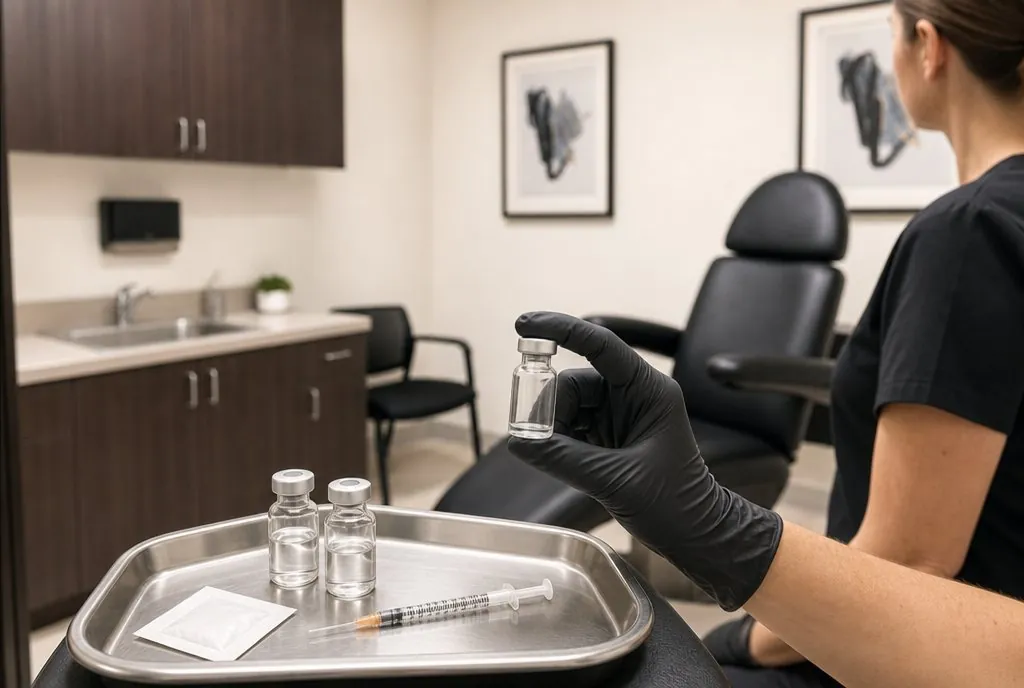 Peptide vials and a syringe prepared on a clinical tray